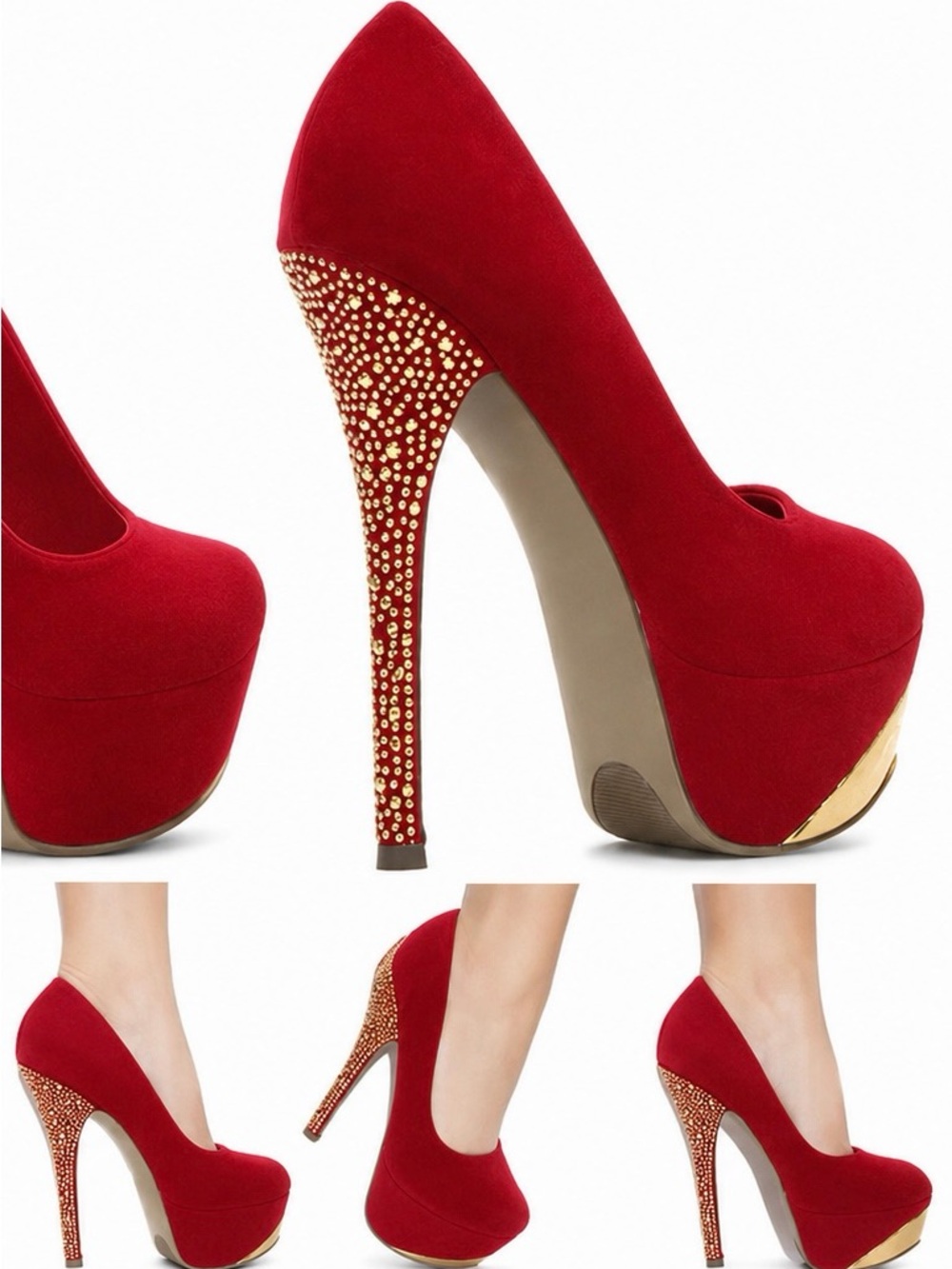 Shoe Dazzle SHERINE Red Platform Pumps with Gold Crystal Heel